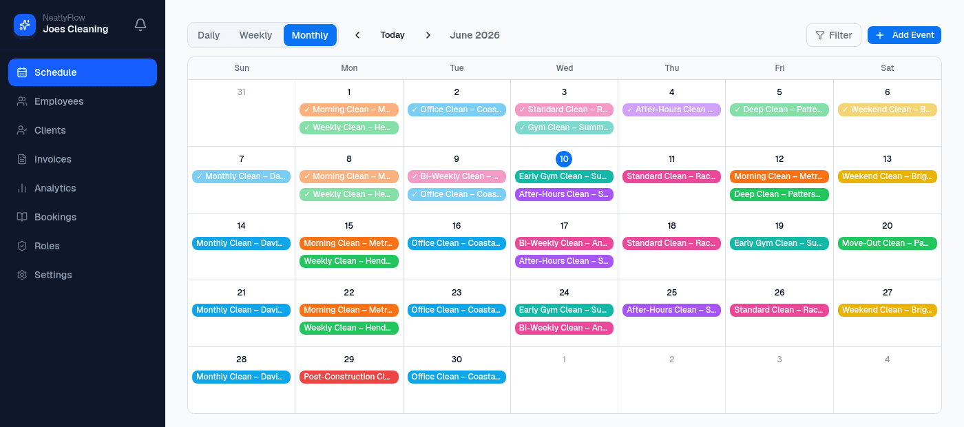NeatlyFlow scheduling dashboard showing a full month of cleaning jobs